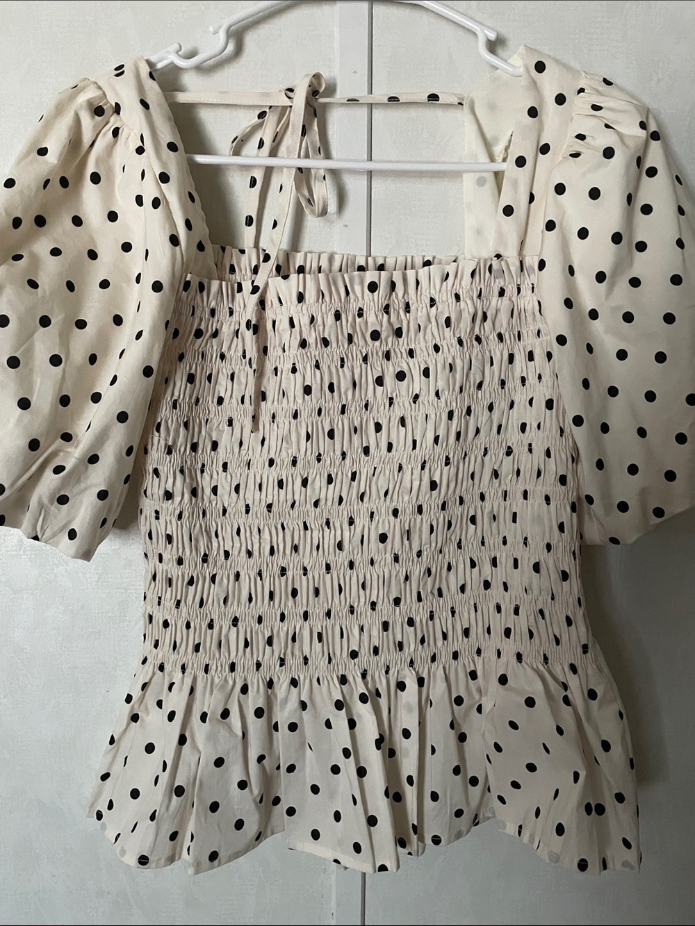 She + Sky Cream and Black Polka Dot Smocked Midi Dress